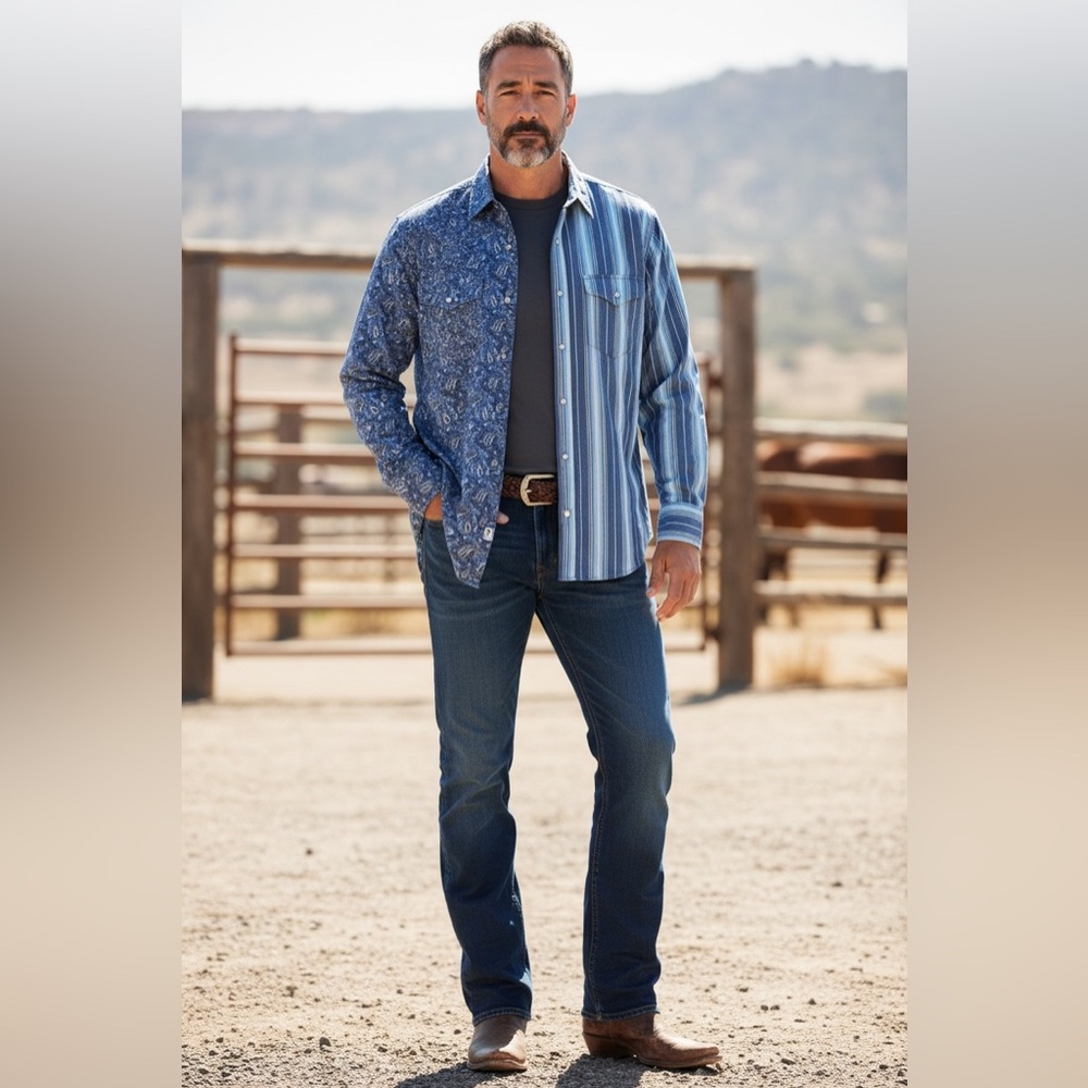 Express Riders Western Men's Dual Pattern Blue Shirt M